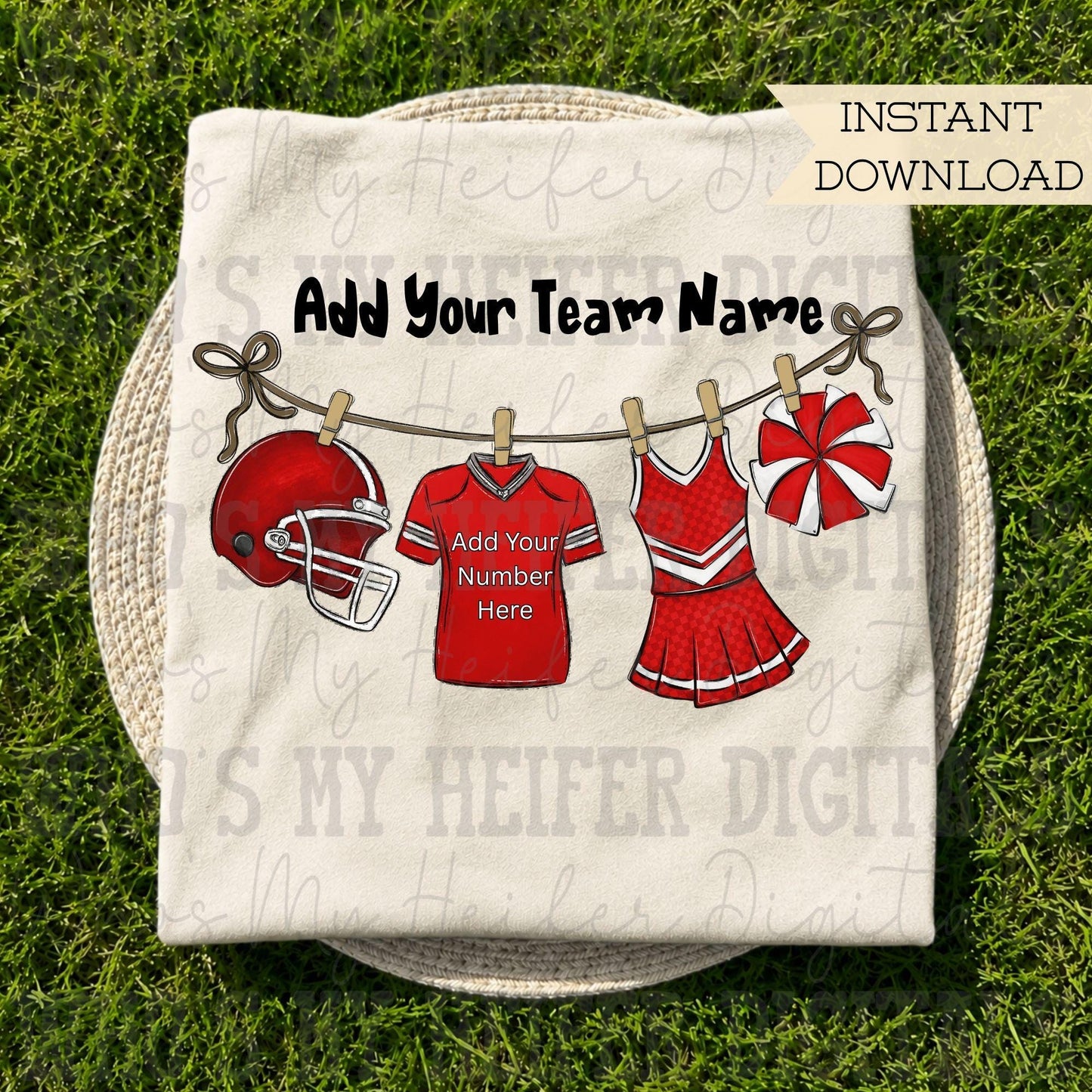 Red Clothesline Football & Cheer PNG Hand Drawn Football Jersey Cheerleader Uniform Sublimation File Customizable Game Day Shirt Design