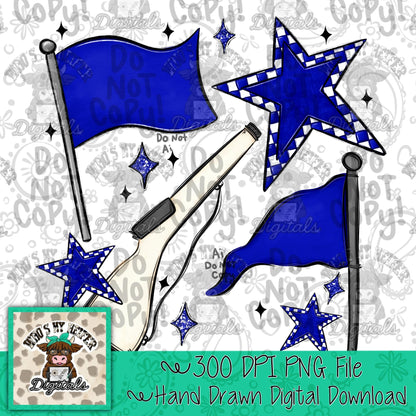 Blue & White Retro Color Guard PNG Hand Drawn Flag and Rifle Color Guard Team Sublimation File Checkered Game Day Majorette Shirt Design DTF