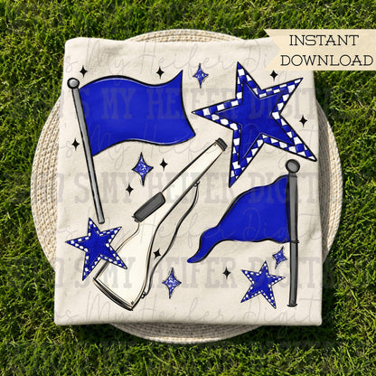 Blue & White Retro Color Guard PNG Hand Drawn Flag and Rifle Color Guard Team Sublimation File Checkered Game Day Majorette Shirt Design DTF