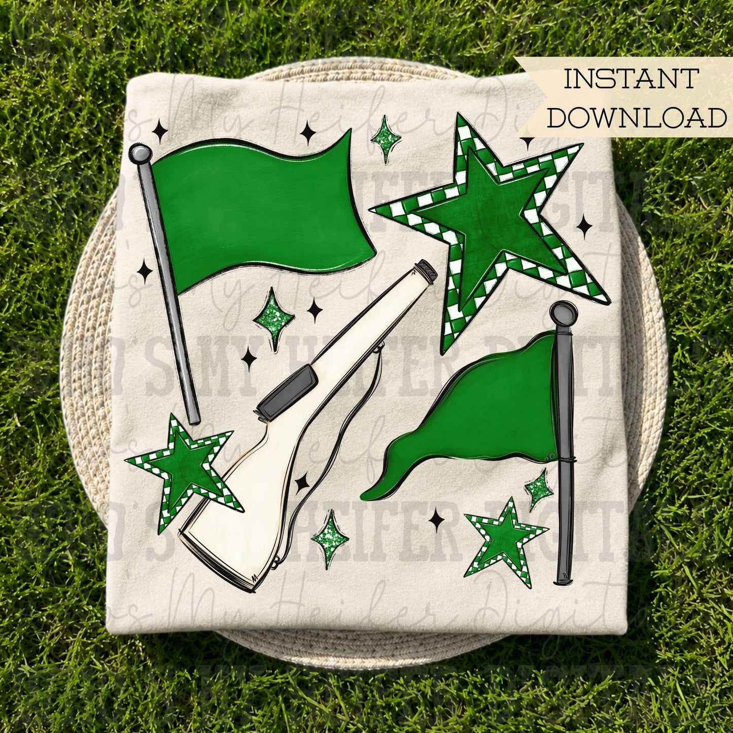 Green & White Retro Color Guard PNG Hand Drawn Flag and Rifle Color Guard Team Sublimation File Checkered Game Day Majorette Shirt Design
