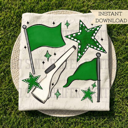 Green & White Retro Color Guard PNG Hand Drawn Flag and Rifle Color Guard Team Sublimation File Checkered Game Day Majorette Shirt Design