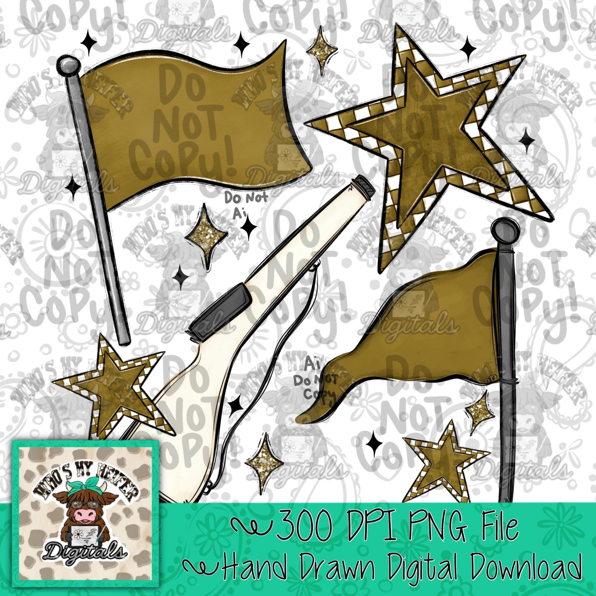 Gold & White Retro Color Guard PNG Hand Drawn Flag and Rifle Color Guard Team Sublimation File Checkered Game Day Majorette Shirt Design DTF