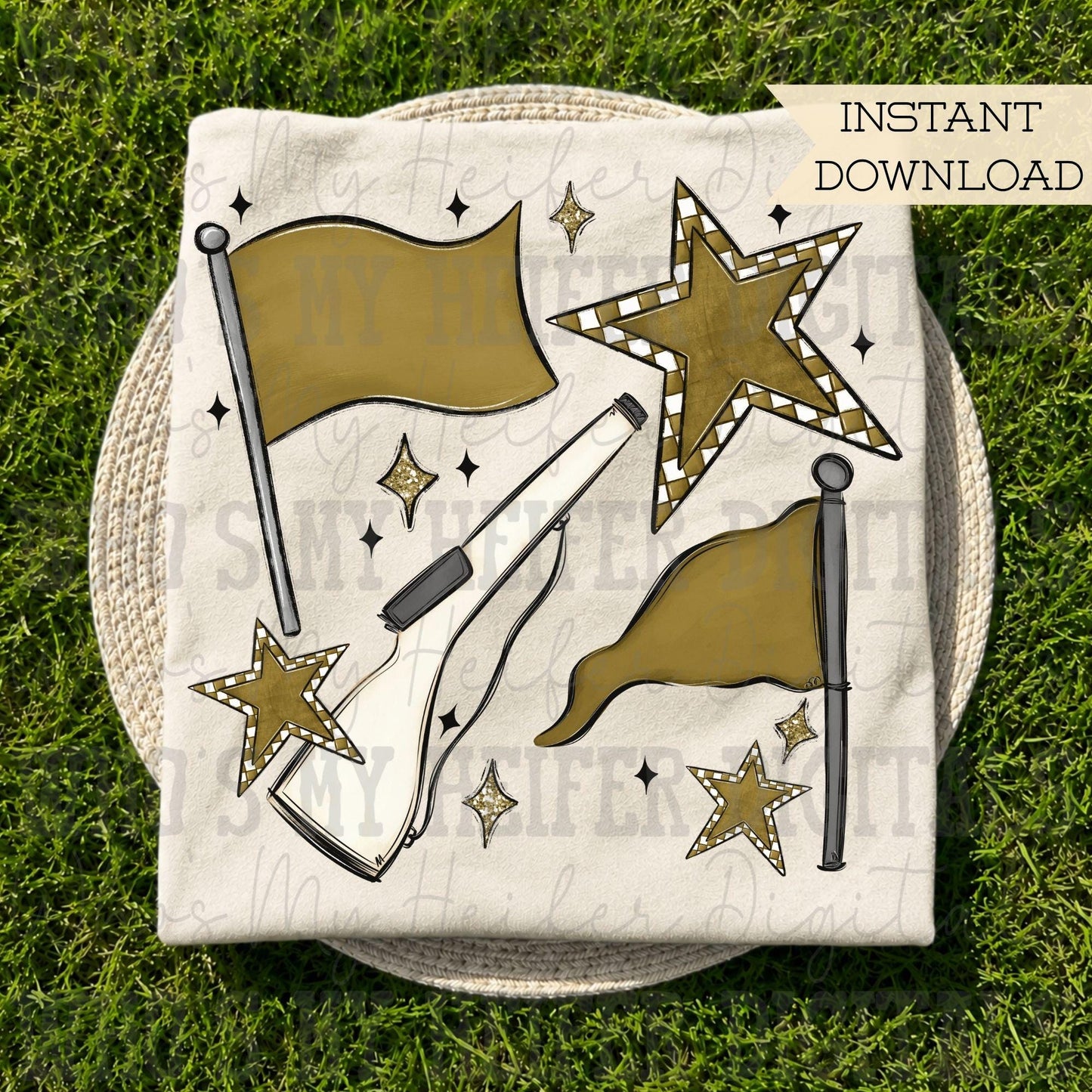 Gold & White Retro Color Guard PNG Hand Drawn Flag and Rifle Color Guard Team Sublimation File Checkered Game Day Majorette Shirt Design DTF