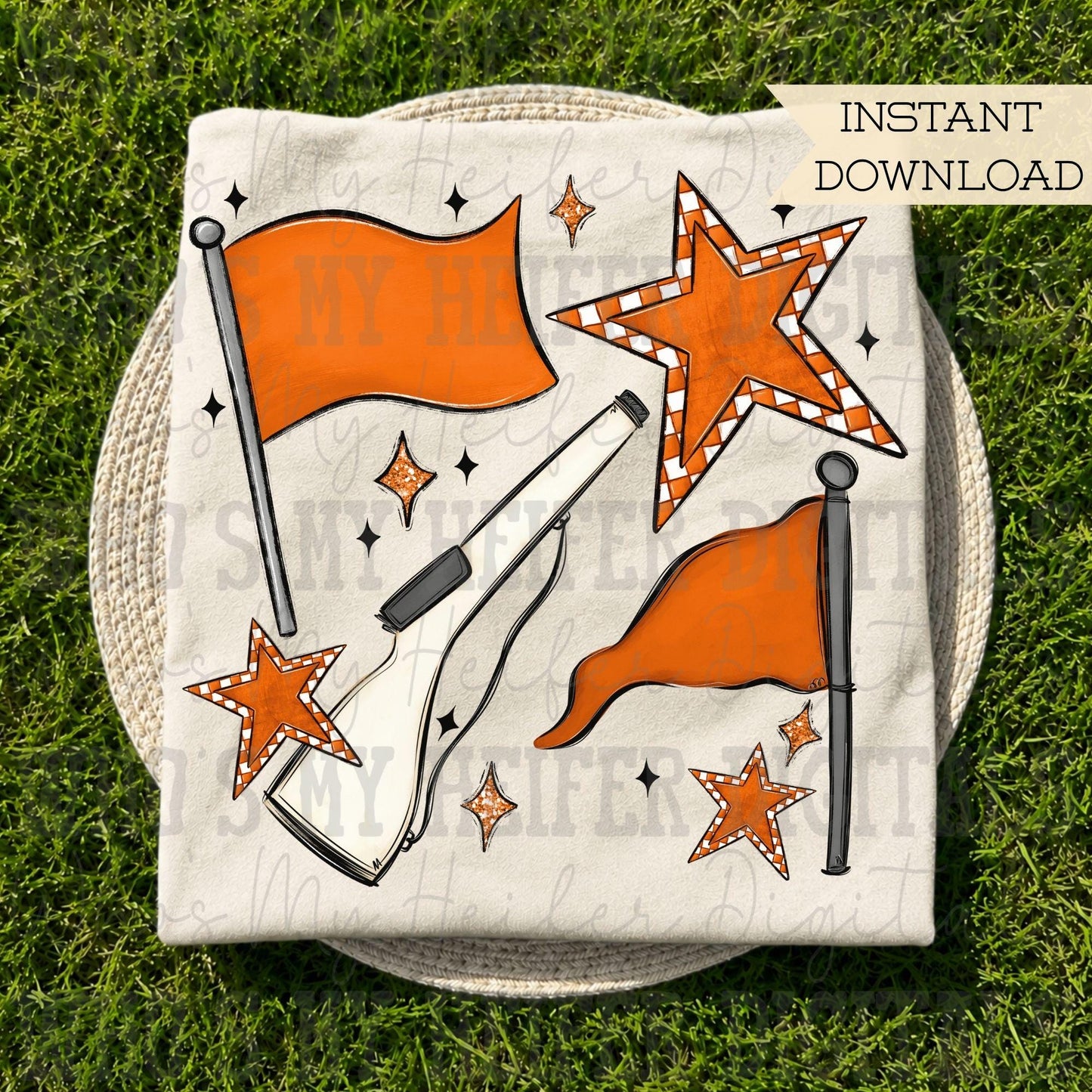 Orange & White Retro Color Guard PNG Hand Drawn Flag and Rifle Color Guard Team Sublimation File Checkered Game Day Majorette Shirt Design