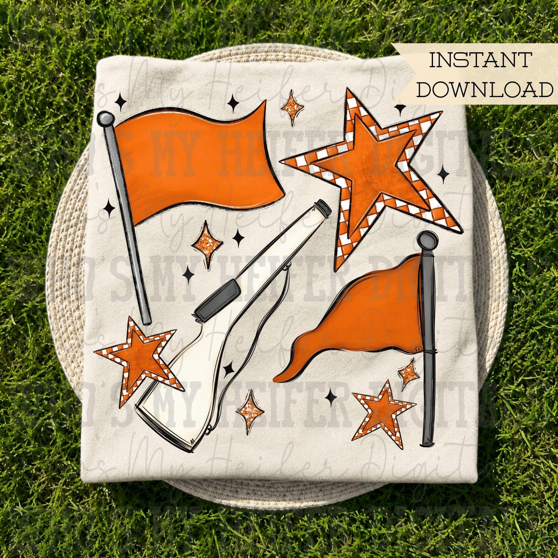 Orange & White Retro Color Guard PNG Hand Drawn Flag and Rifle Color Guard Team Sublimation File Checkered Game Day Majorette Shirt Design
