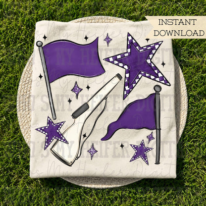 Purple & White Retro Color Guard PNG Hand Drawn Flag and Rifle Color Guard Team Sublimation File Checkered Game Day Majorette Shirt Design