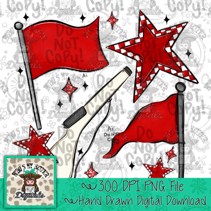Red & White Retro Color Guard PNG Hand Drawn Flag and Rifle Color Guard Team Sublimation File Checkered Game Day Majorette Shirt Design DTF