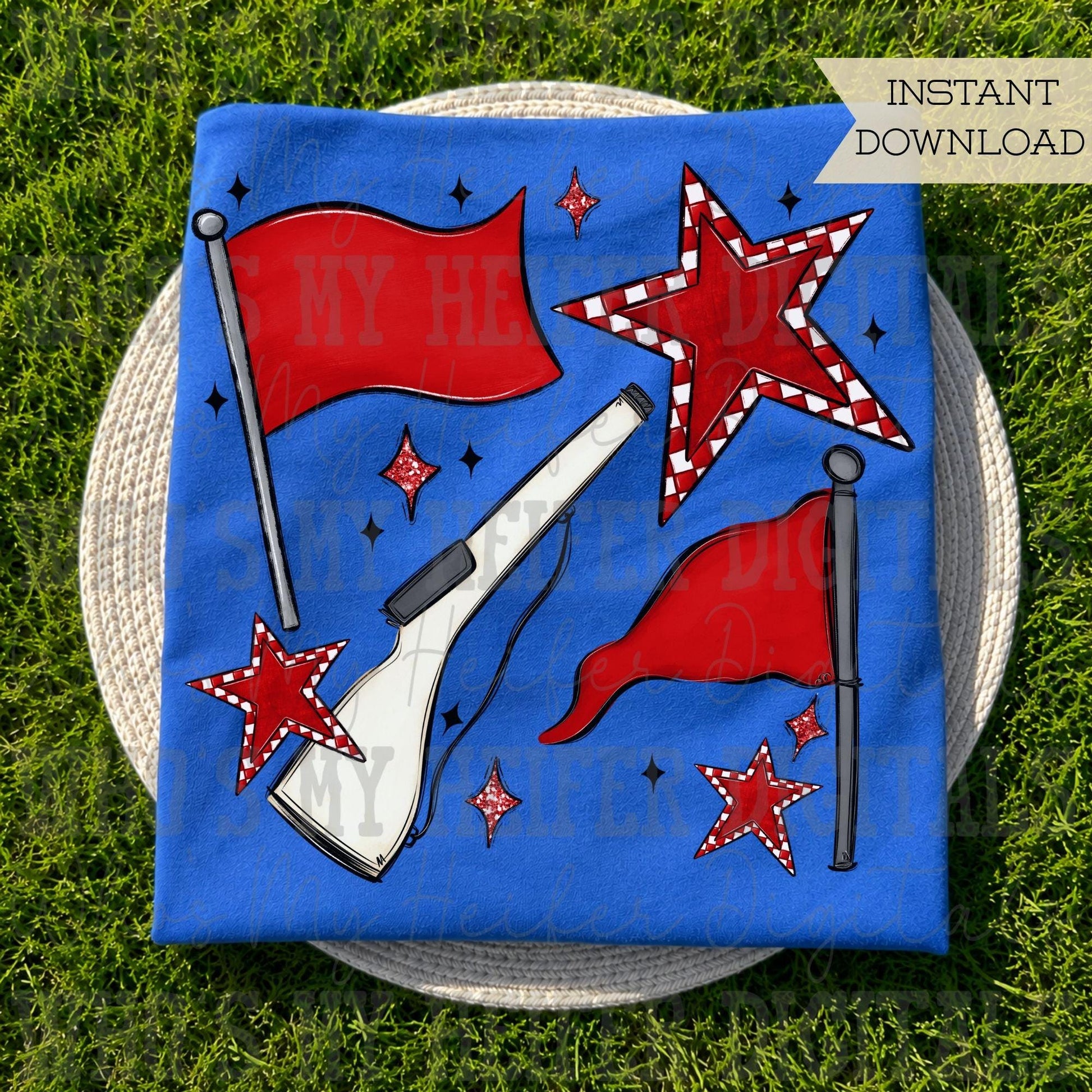 Red & White Retro Color Guard PNG Hand Drawn Flag and Rifle Color Guard Team Sublimation File Checkered Game Day Majorette Shirt Design DTF