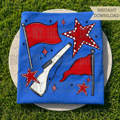 Red & White Retro Color Guard PNG Hand Drawn Flag and Rifle Color Guard Team Sublimation File Checkered Game Day Majorette Shirt Design DTF