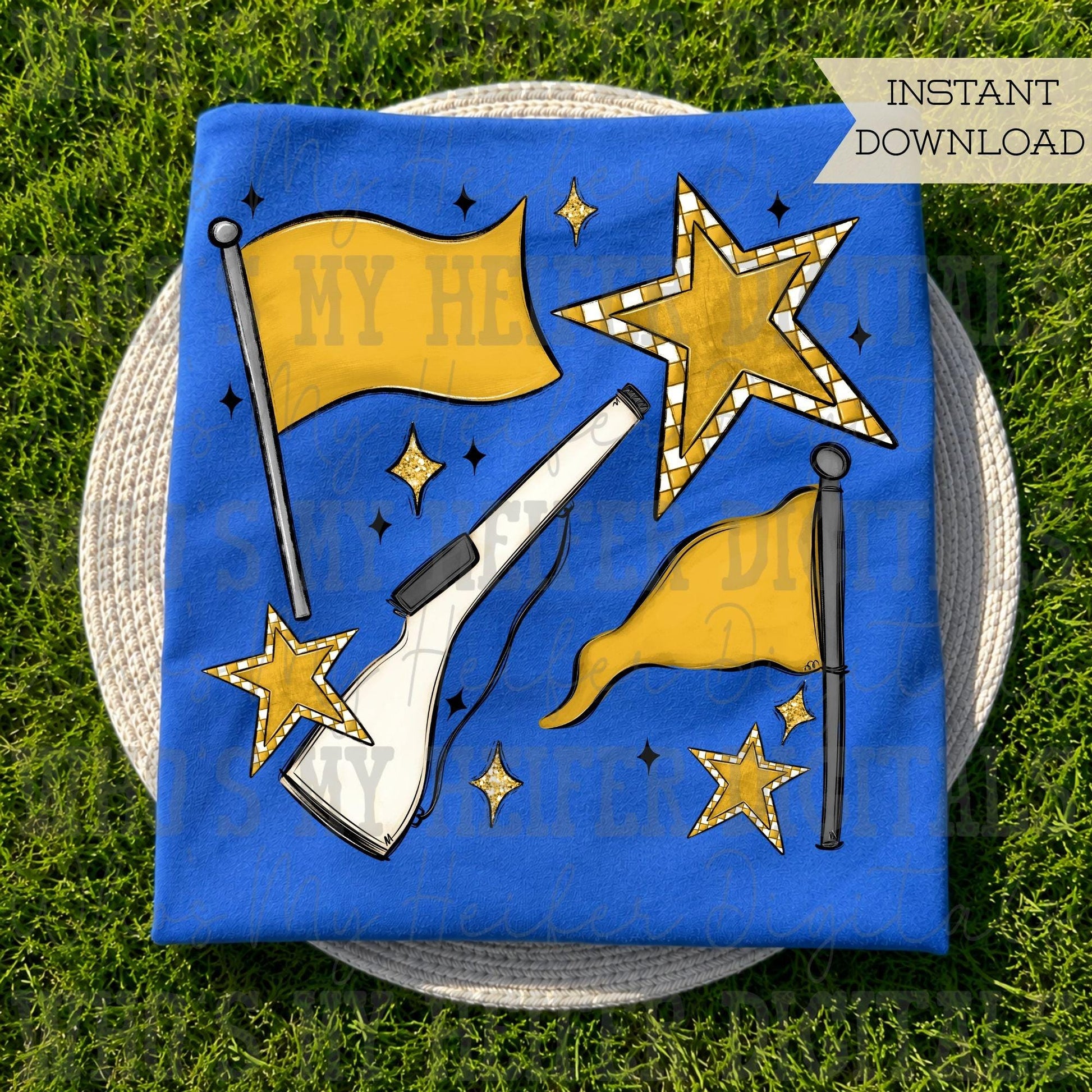 Yellow & White Retro Color Guard PNG Hand Drawn Flag and Rifle Color Guard Team Sublimation File Checkered Game Day Majorette Shirt Design