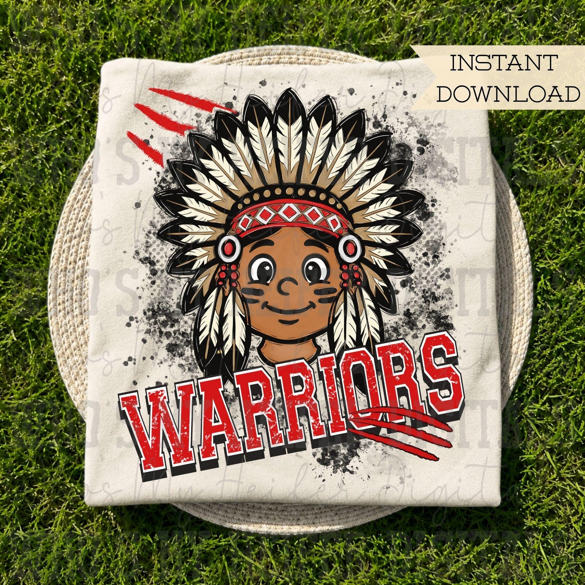 Red & White Warriors PNG Hand Drawn Warrior with Headdress Sublimation PNG Game Day Shirt Design School Spirit PNG Retro Kid Mascot Doodle