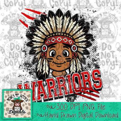 Red & White Warriors PNG Hand Drawn Warrior with Headdress Sublimation PNG Game Day Shirt Design School Spirit PNG Retro Kid Mascot Doodle
