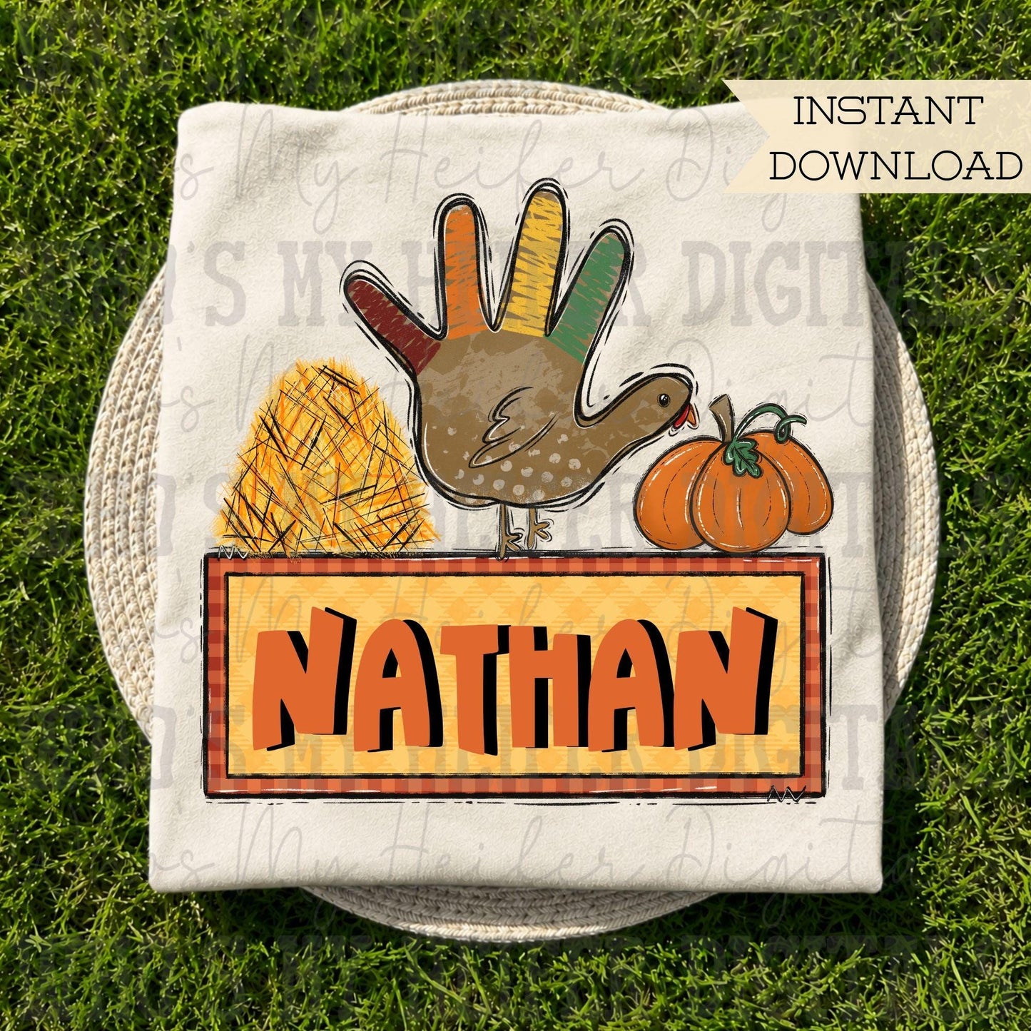 Whimsical Turkey Hand with Name Block Sublimation File Hand Drawn Hay Turkey & Pumpkin PNG Boy Thanksgiving Shirt Design Fall Digital Art