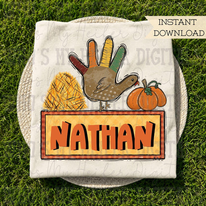 Whimsical Turkey Hand with Name Block Sublimation File Hand Drawn Hay Turkey & Pumpkin PNG Boy Thanksgiving Shirt Design Fall Digital Art