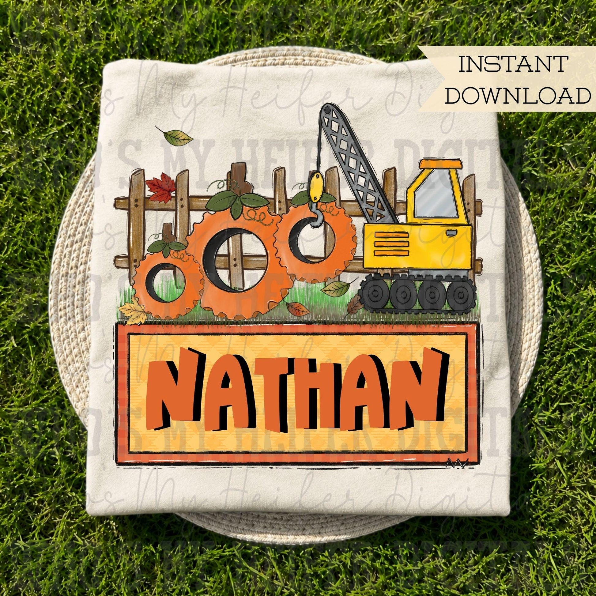 Fall Crane with Name Block Sublimation File Hand Drawn Construction Truck & Pumpkin Tire PNG Boy Thanksgiving Shirt Design Fall Doodle Art