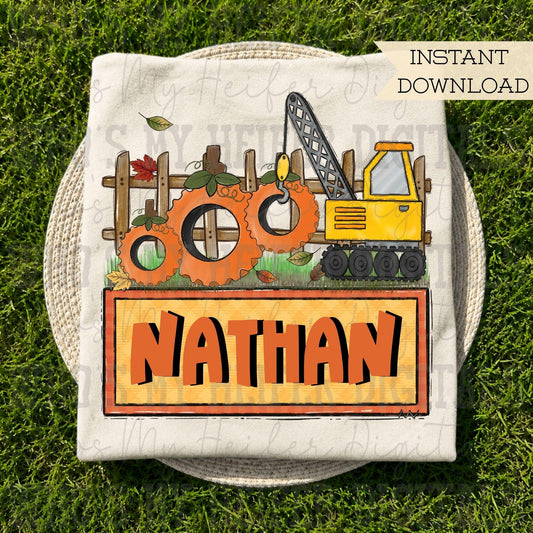 Fall Crane with Name Block Sublimation File Hand Drawn Construction Truck & Pumpkin Tire PNG Boy Thanksgiving Shirt Design Fall Doodle Art