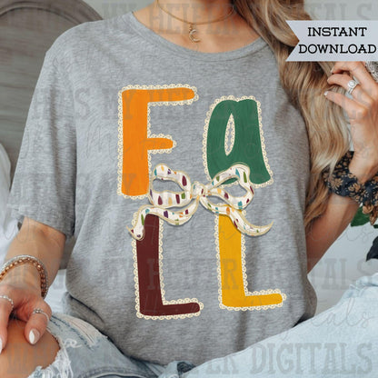 Hand Drawn Fall with Lace Scallop Sublimation File Autumn Coquette Bow PNG  Whimsical Thanksgiving Women Shirt Design Digital Download