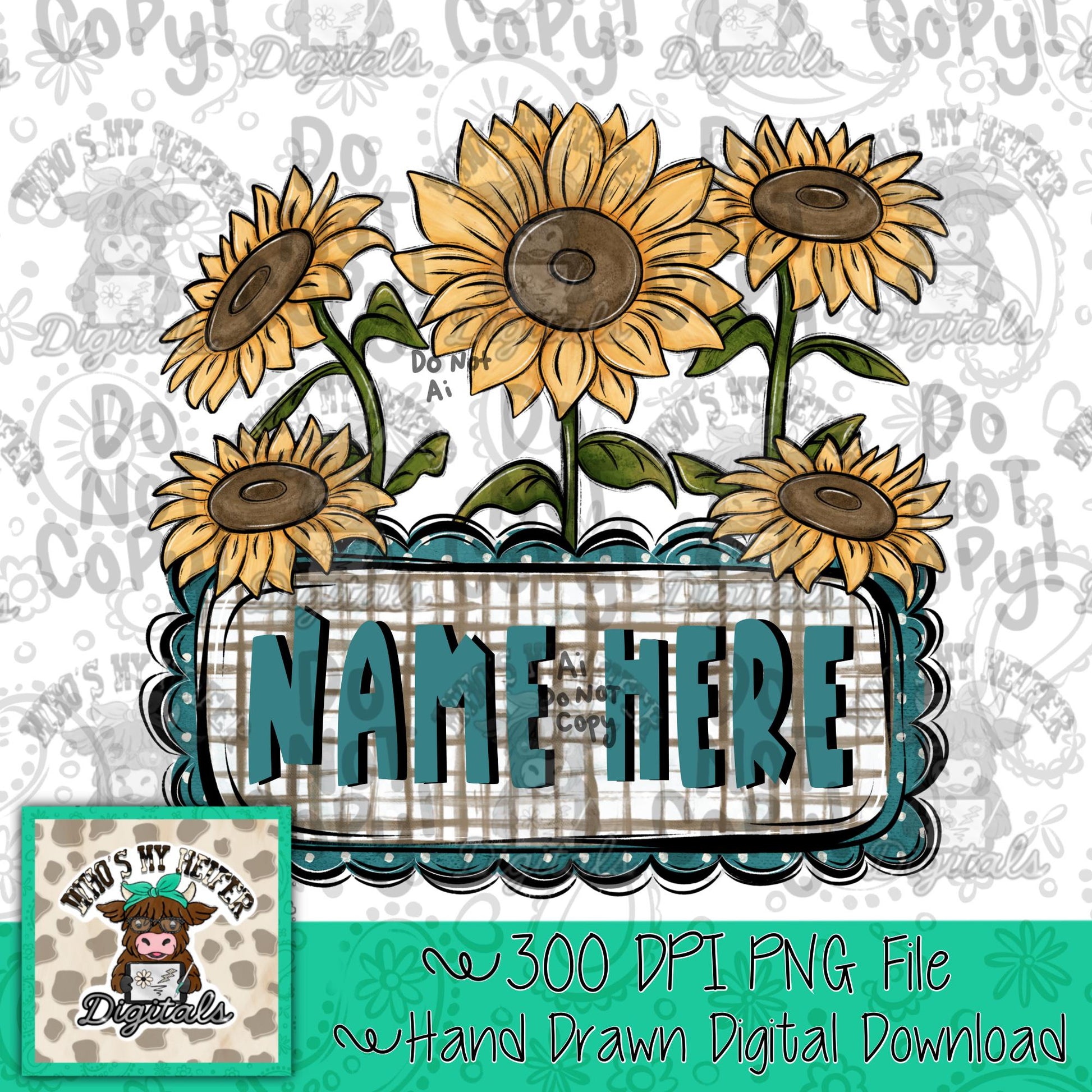 Whimsical Sunflower Trio with Name Block Sublimation File Hand Drawn Fall Flower and Scallop Name Plate PNG Girl Autumn Theme Shirt Design