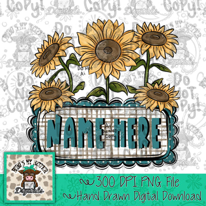 Whimsical Sunflower Trio with Name Block Sublimation File Hand Drawn Fall Flower and Scallop Name Plate PNG Girl Autumn Theme Shirt Design