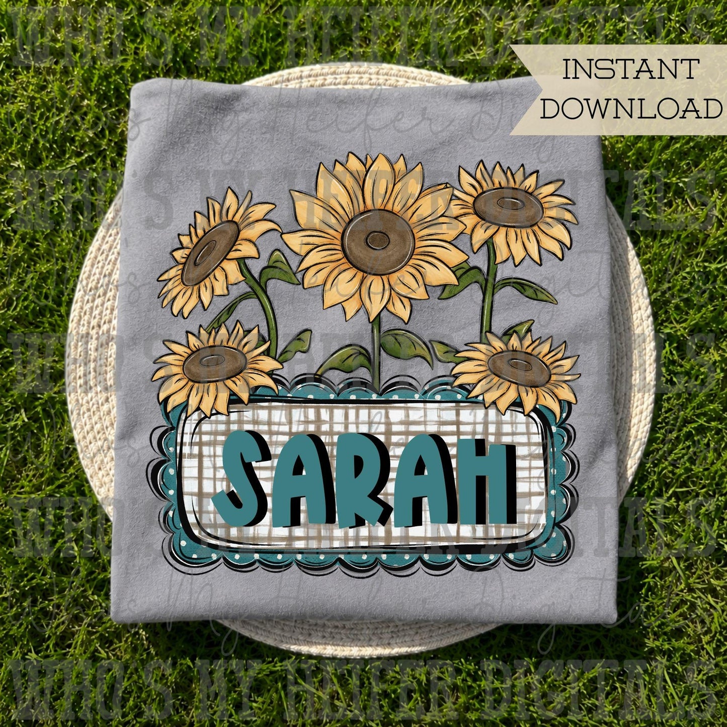Whimsical Sunflower Trio with Name Block Sublimation File Hand Drawn Fall Flower and Scallop Name Plate PNG Girl Autumn Theme Shirt Design
