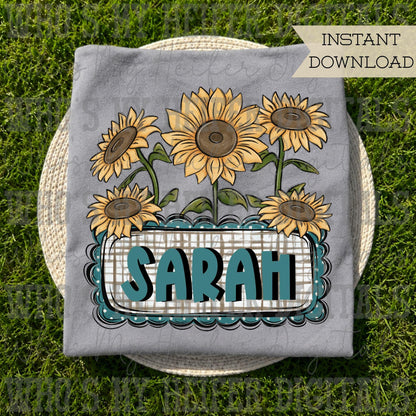 Whimsical Sunflower Trio with Name Block Sublimation File Hand Drawn Fall Flower and Scallop Name Plate PNG Girl Autumn Theme Shirt Design