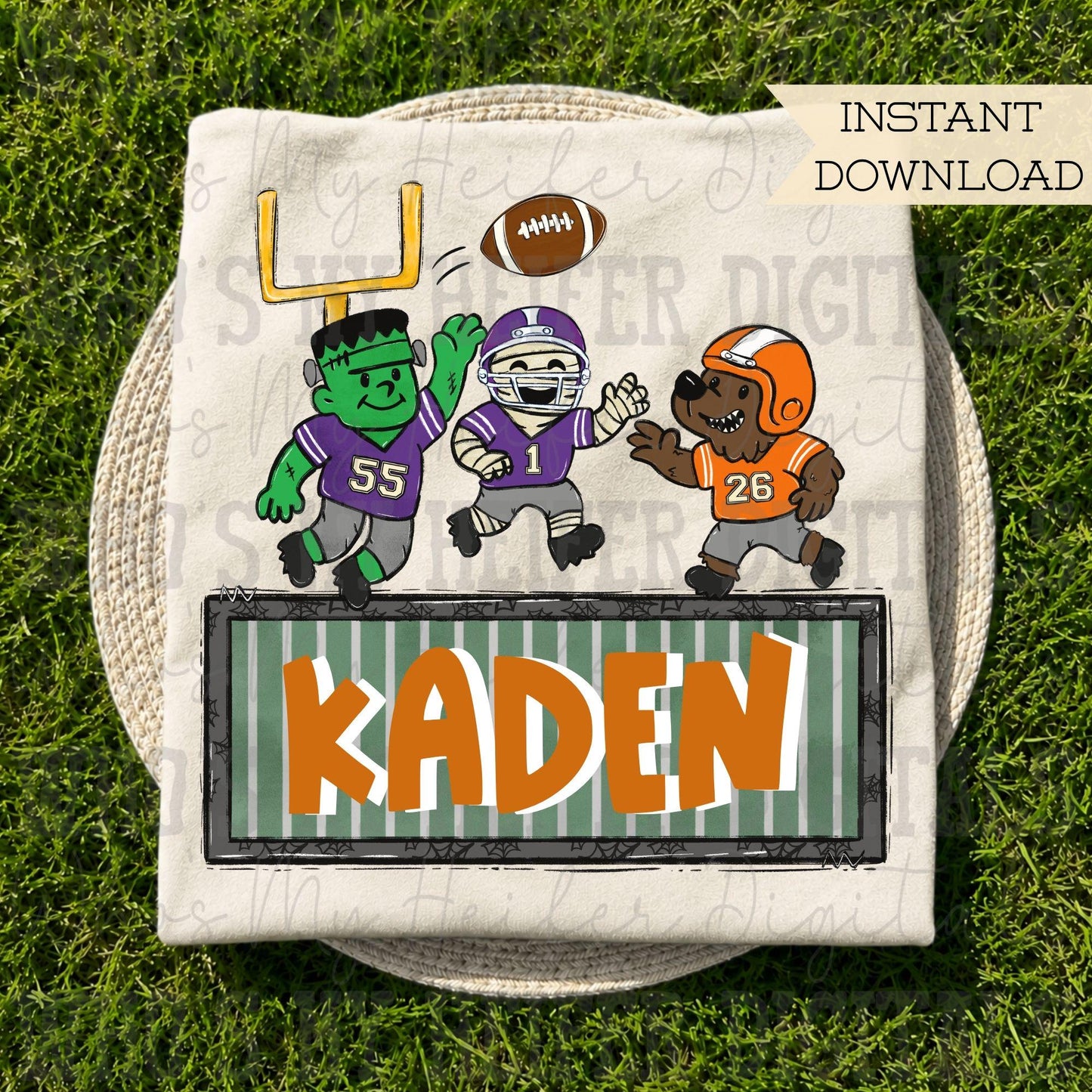 Halloween Football with Name Block PNG Hand Drawn Spooky Mummy Monster Werewolf Sublimation File Boy Halloween Doodle Patch Shirt Design