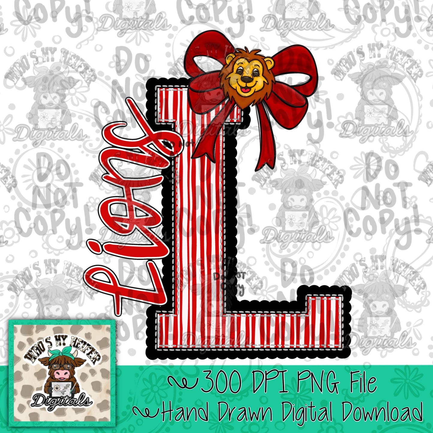 Lion Varsity Letter Bow PNG Hand Drawn Lions Scallop Seeksucker Letter Sublimation File Stripe School Spirit Idea Game Day Shirt Design