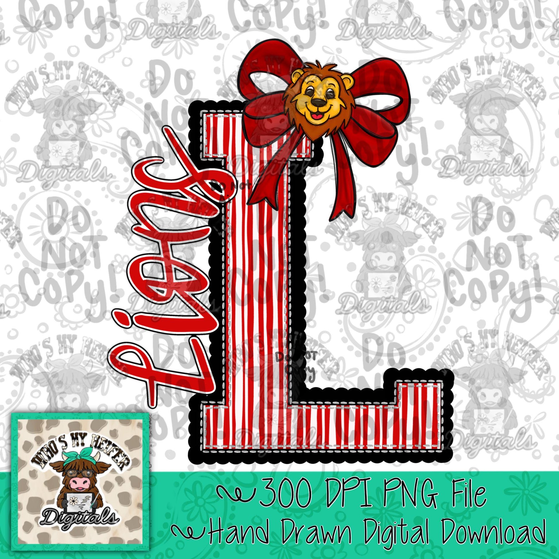 Lion Varsity Letter Bow PNG Hand Drawn Lions Scallop Seeksucker Letter Sublimation File Stripe School Spirit Idea Game Day Shirt Design