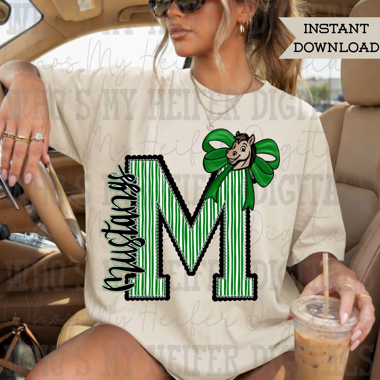 Mustang Varsity Letter Bow PNG Hand Drawn Horse Scallop Seeksucker Letter Sublimation File Stripe School Spirit Idea Game Day Shirt Design