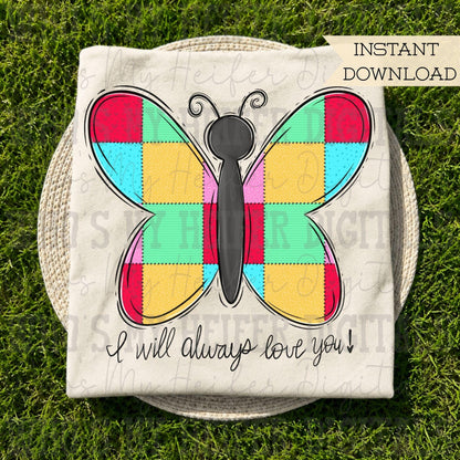 Colorful Whimsical Butterfly PNG Hand Drawn Faux Quilted Butterfly Sublimation File Dolly Theme Shirt Design Dollywood Digital Download