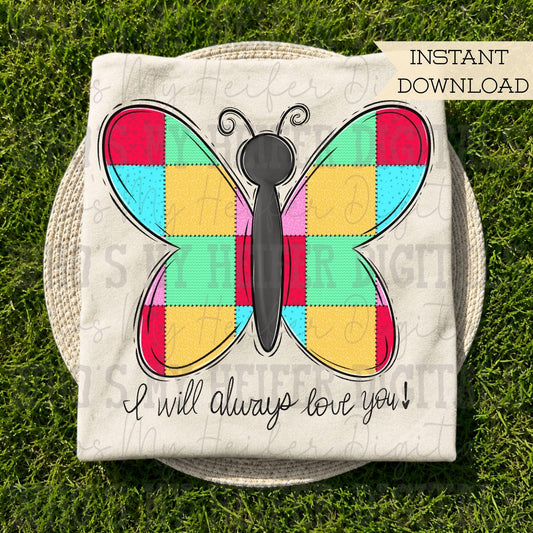 Colorful Whimsical Butterfly PNG Hand Drawn Faux Quilted Butterfly Sublimation File Dolly Theme Shirt Design Dollywood Digital Download