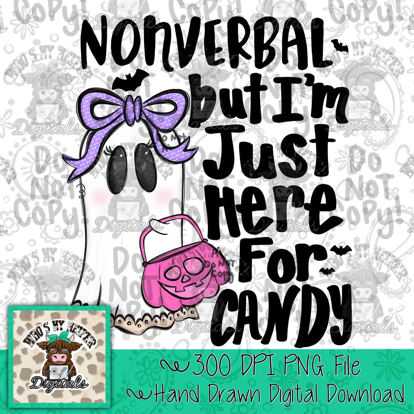 Whimsical Halloween Nonverbal Girl PNG Hand Drawn Ghost with Bow PNG Trick or Treat Autism Sublimation File Non Speaking Halloween Digital