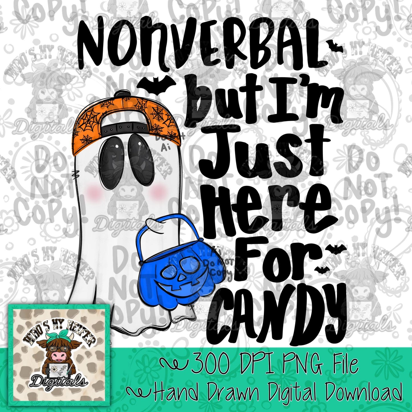 Whimsical Halloween Nonverbal Boy PNG Hand Drawn Ghost with Hat PNG Trick or Treat Non Speaking Sublimation File Autism Halloween Digital