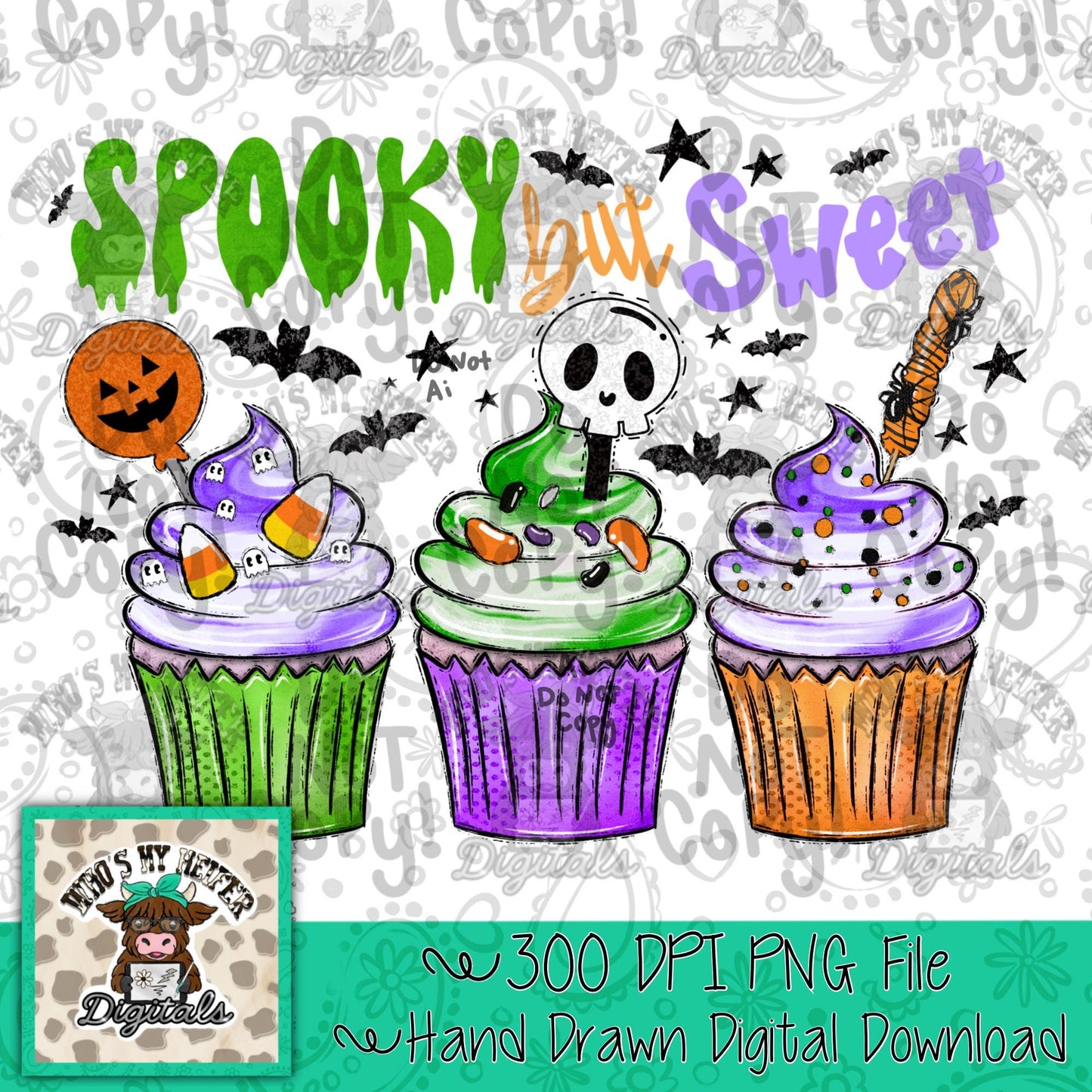 Halloween Cupcake Trio PNG Hand Drawn Spooky Cupcakes Sublimation File Girly Trick or Treat Shirt Design Halloween Baking Digital Download