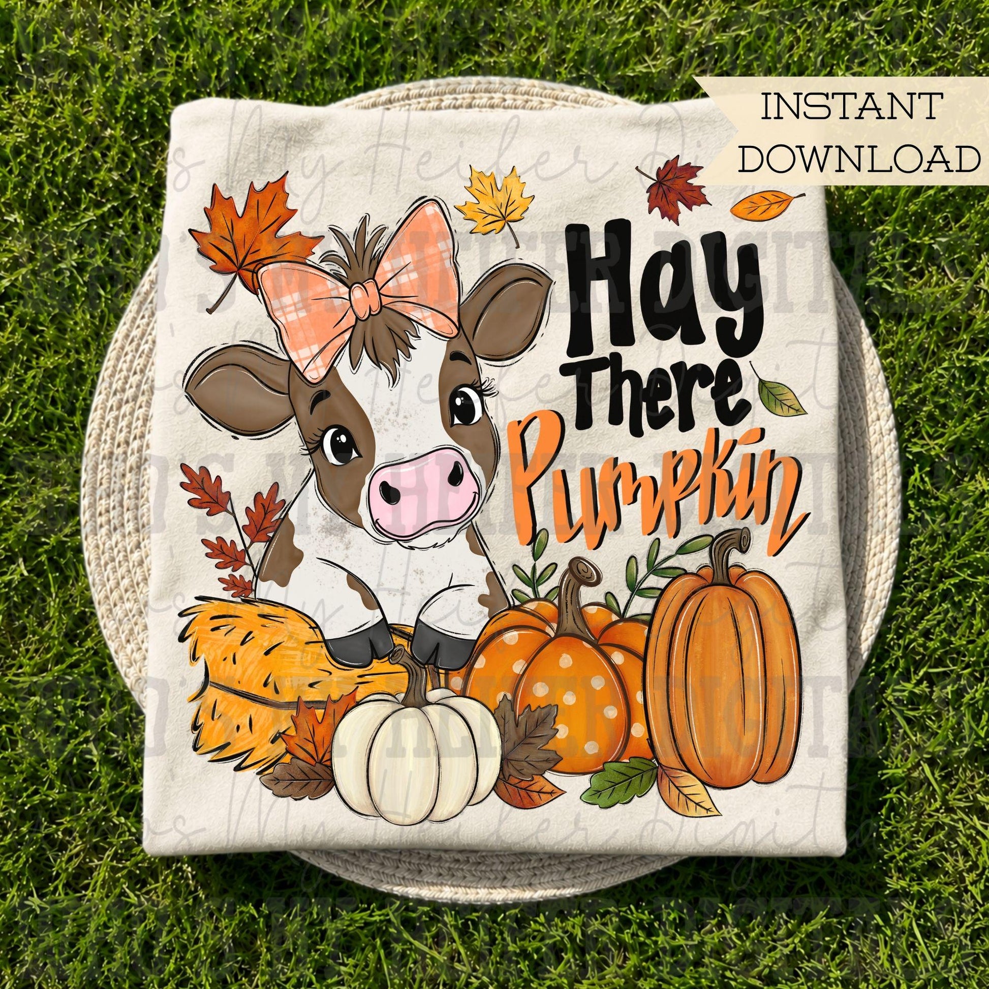 Hay There Pumpkin PNG Hand Drawn Fall Cow with Bow and Pumpkin Sublimation File Funny Autumn  Shirt Design Farm Animal Thanksgiving Doodle