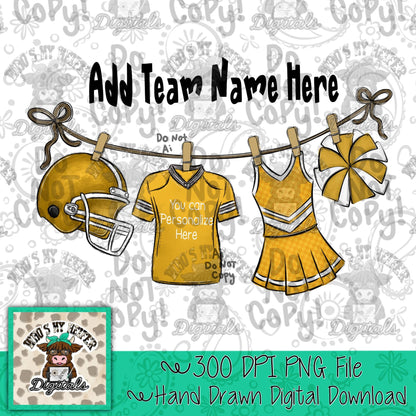 Gold Clothesline Football & Cheer PNG Hand Drawn Football Jersey Cheerleader Uniform Sublimation File Customizable Game Day Shirt Design