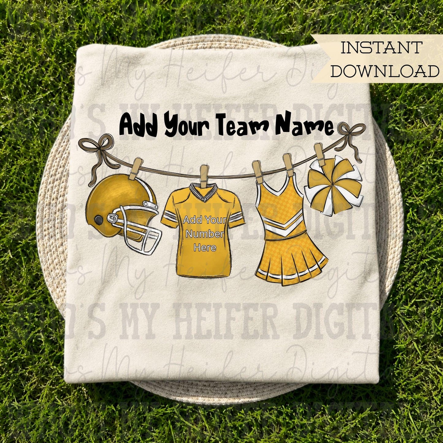 Gold Clothesline Football & Cheer PNG Hand Drawn Football Jersey Cheerleader Uniform Sublimation File Customizable Game Day Shirt Design