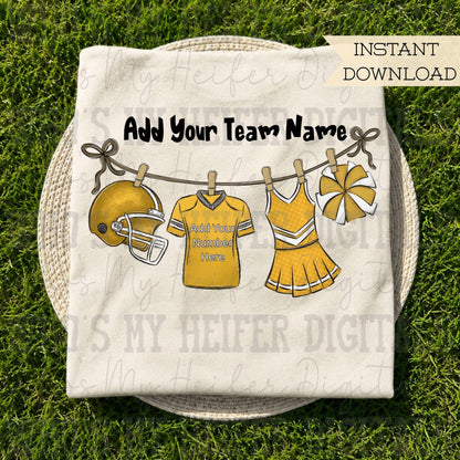 Gold Clothesline Football & Cheer PNG Hand Drawn Football Jersey Cheerleader Uniform Sublimation File Customizable Game Day Shirt Design