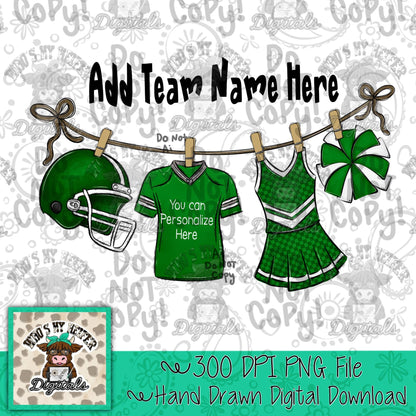 Green Clothesline Football & Cheer PNG Hand Drawn Football Jersey Cheerleader Uniform Sublimation File Customizable Game Day Shirt Design