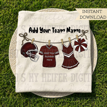 Maroon Clothesline Football & Cheer PNG Hand Drawn Football Jersey Cheerleader Uniform Sublimation File Customizable Game Day Shirt Design