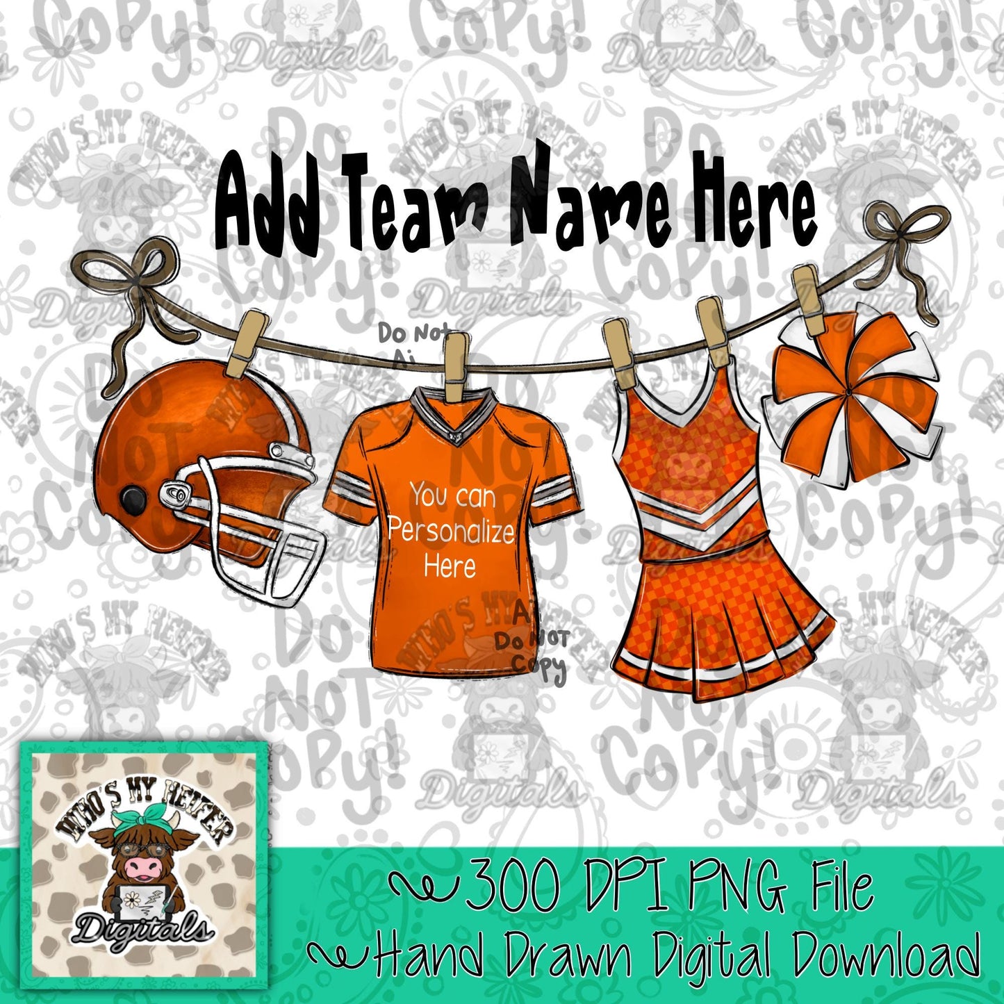 Orange Clothesline Football & Cheer PNG Hand Drawn Football Jersey Cheerleader Uniform Sublimation File Customizable Game Day Shirt Design