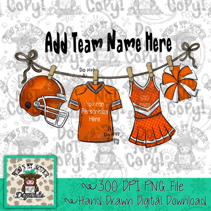 Orange Clothesline Football & Cheer PNG Hand Drawn Football Jersey Cheerleader Uniform Sublimation File Customizable Game Day Shirt Design
