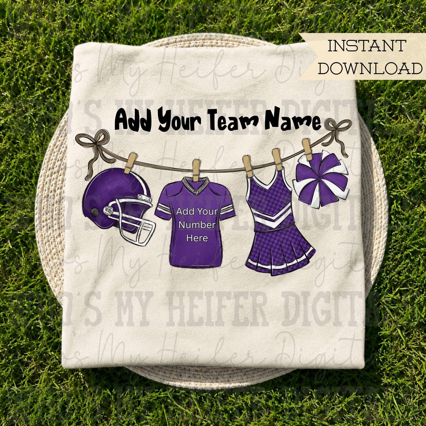 Purple Clothesline Football & Cheer PNG Hand Drawn Football Jersey Cheerleader Uniform Sublimation File Customizable Game Day Shirt Design