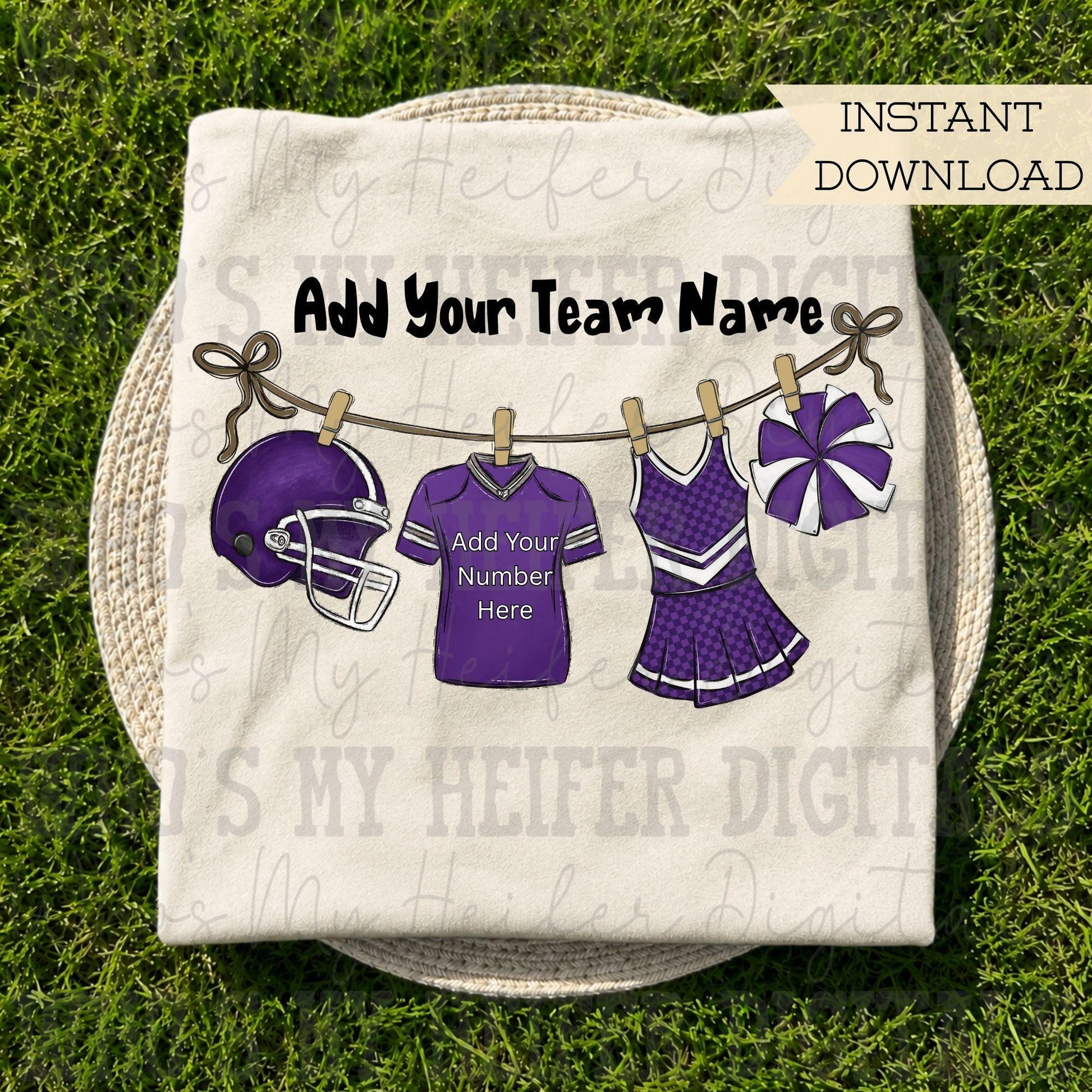 Purple Clothesline Football & Cheer PNG Hand Drawn Football Jersey Cheerleader Uniform Sublimation File Customizable Game Day Shirt Design