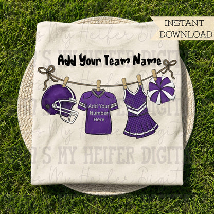 Purple Clothesline Football & Cheer PNG Hand Drawn Football Jersey Cheerleader Uniform Sublimation File Customizable Game Day Shirt Design