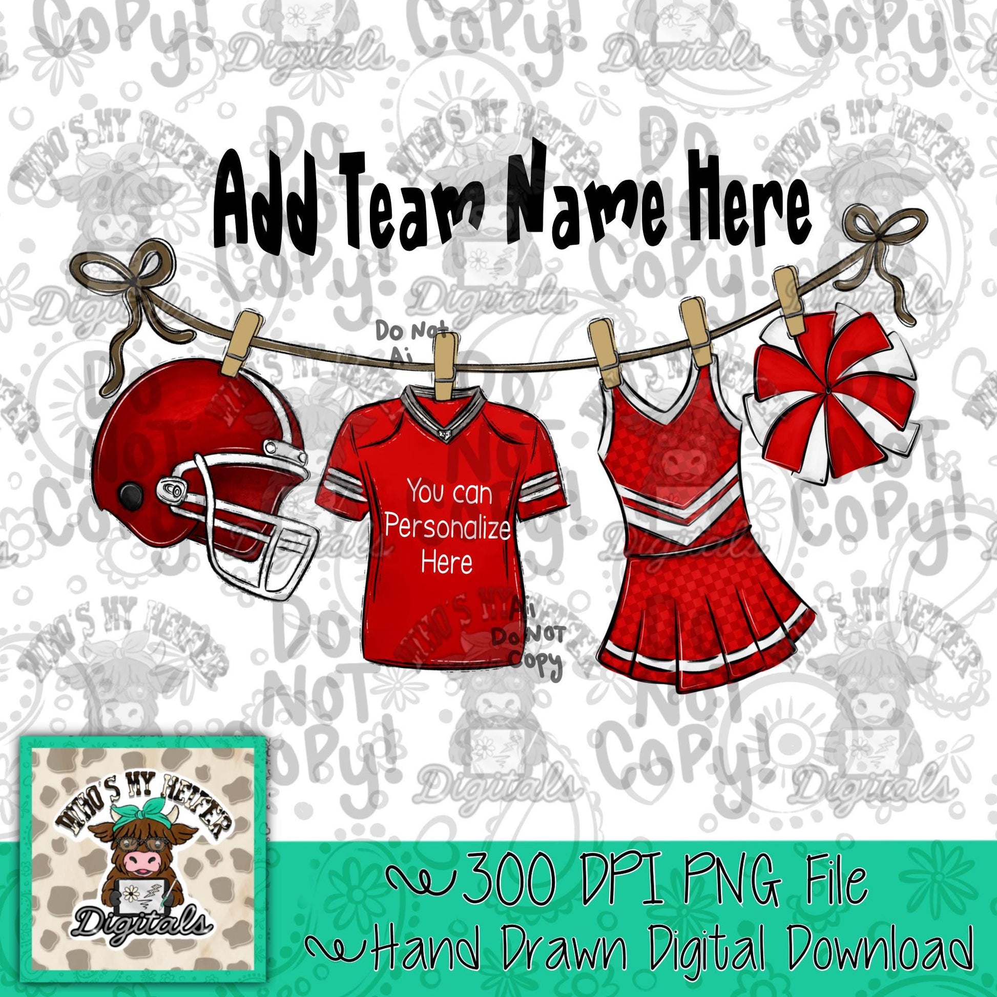 Red Clothesline Football & Cheer PNG Hand Drawn Football Jersey Cheerleader Uniform Sublimation File Customizable Game Day Shirt Design