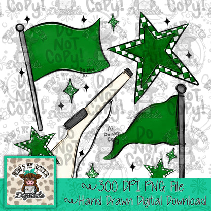 Green & White Retro Color Guard PNG Hand Drawn Flag and Rifle Color Guard Team Sublimation File Checkered Game Day Majorette Shirt Design