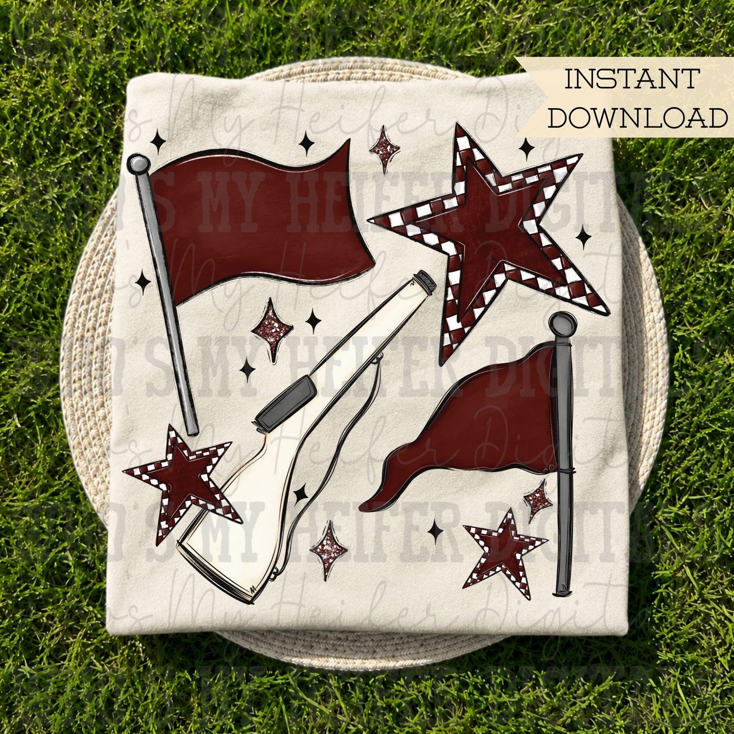 Maroon & White Retro Color Guard PNG Hand Drawn Flag and Rifle Color Guard Team Sublimation File Checkered Game Day Majorette Shirt Design