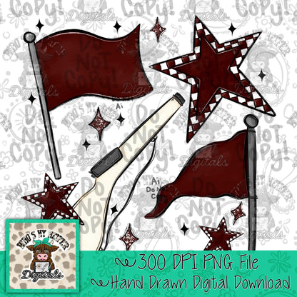 Maroon & White Retro Color Guard PNG Hand Drawn Flag and Rifle Color Guard Team Sublimation File Checkered Game Day Majorette Shirt Design