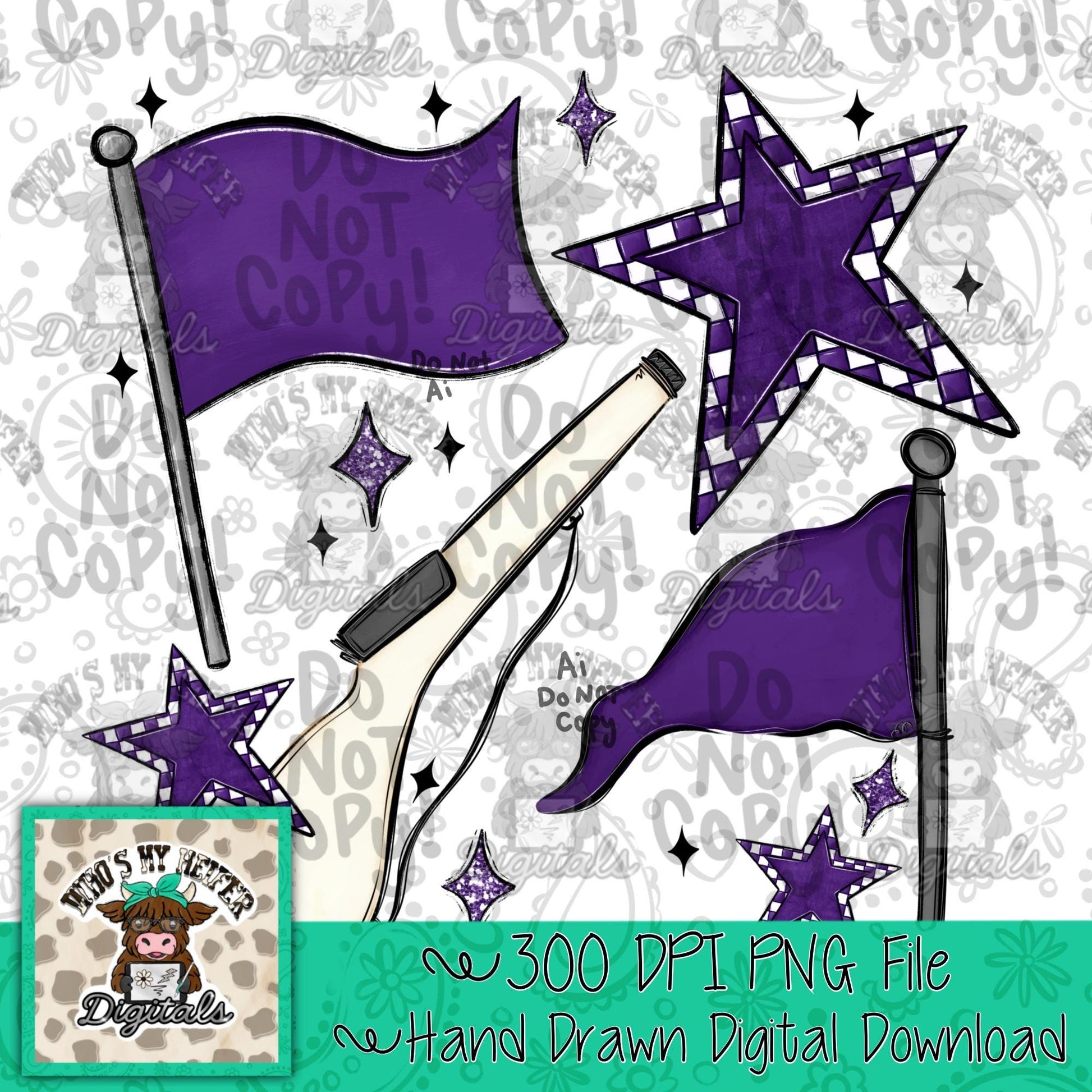 Purple & White Retro Color Guard PNG Hand Drawn Flag and Rifle Color Guard Team Sublimation File Checkered Game Day Majorette Shirt Design